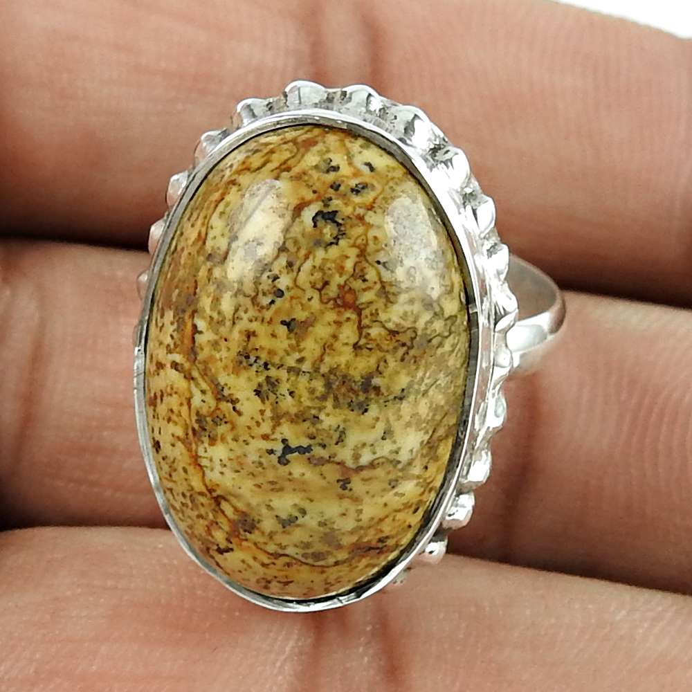 Natural Picture Jasper Statement Vintage Brown Ring Size 8 925 Silver K23