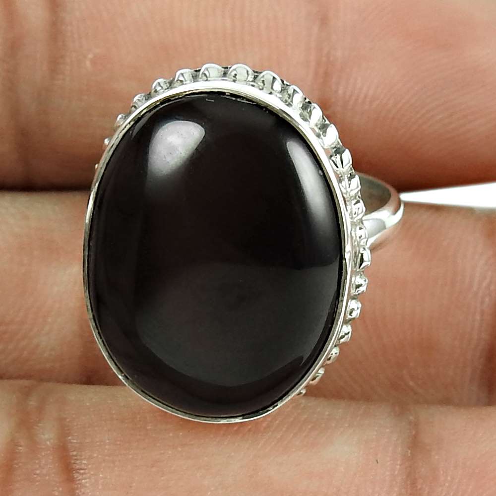 Gift For Women Statement Bohemian Ring Size 7.5 925 Silver Natural Onyx J18