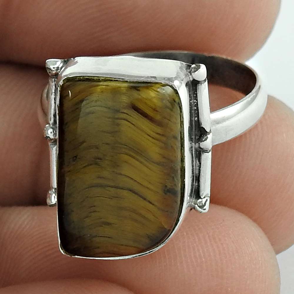 Natural Tiger'S Eye Gemstone Cocktail Ethnic Ring Size 7 925 Silver For Women W4
