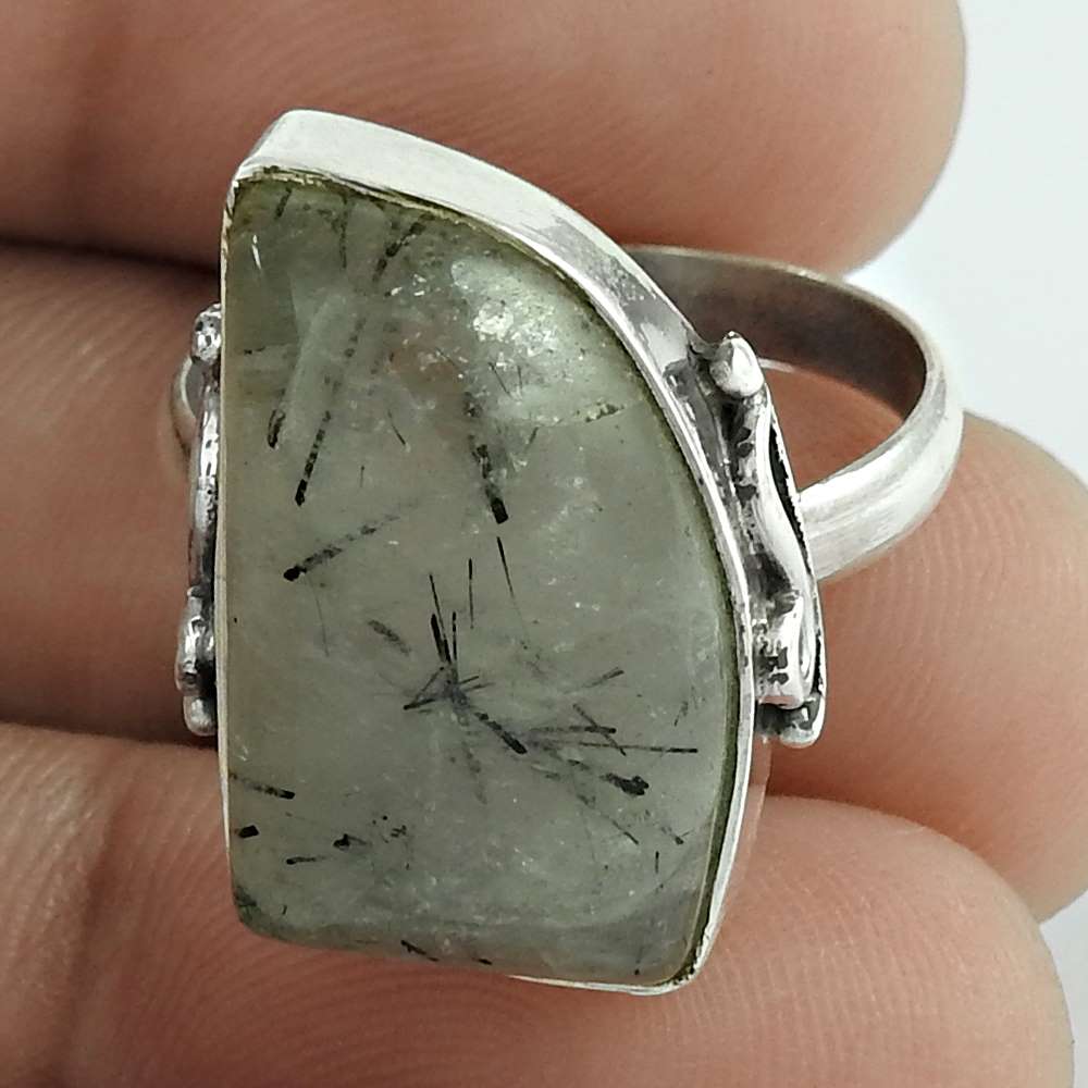 Gift For Women Cocktail Tribal Ring Size 9 925 Silver Natural Black Rutile G19