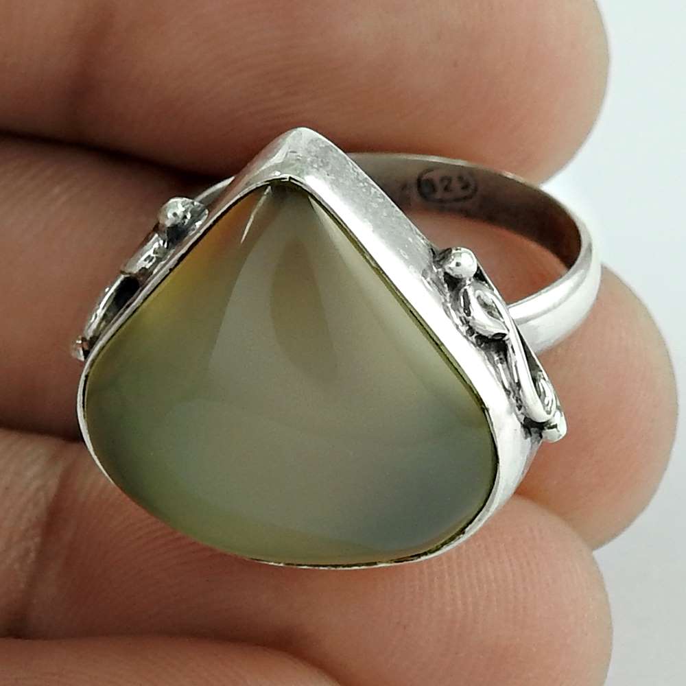 Natural Chalcedony Gemstone Cocktail Tribal Blue Ring Size 7 925 Silver N6