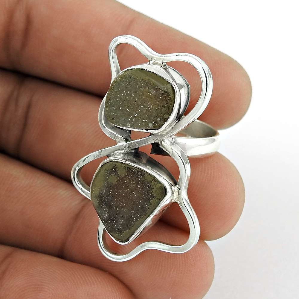 Natural Druzy Gemstone 925 Silver Cocktail Ethnic Ring Size 7 For Women A3