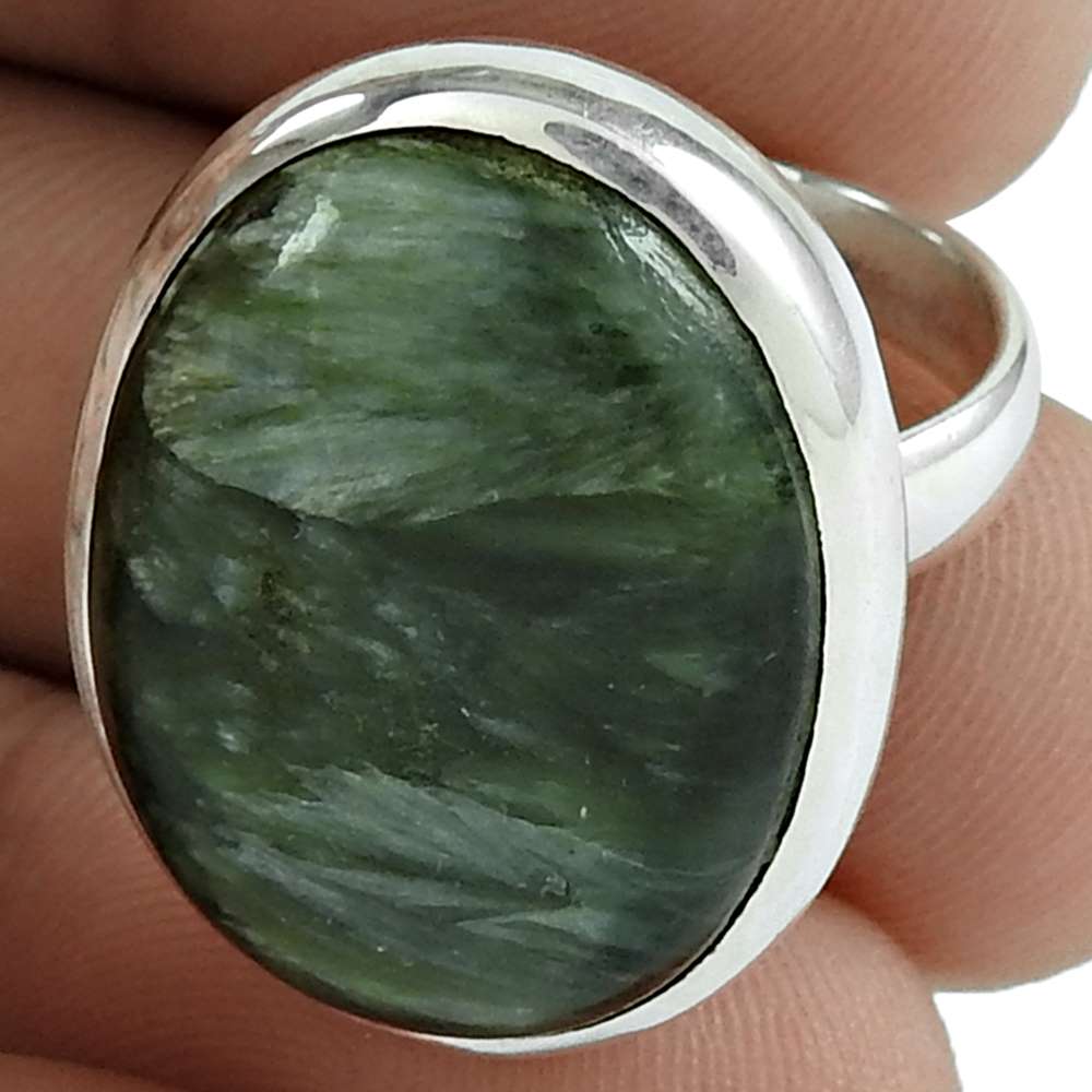 Woman Gift Seraphinite Gemstone 925 Silver Solitaire Boho Ring Size 6 U30