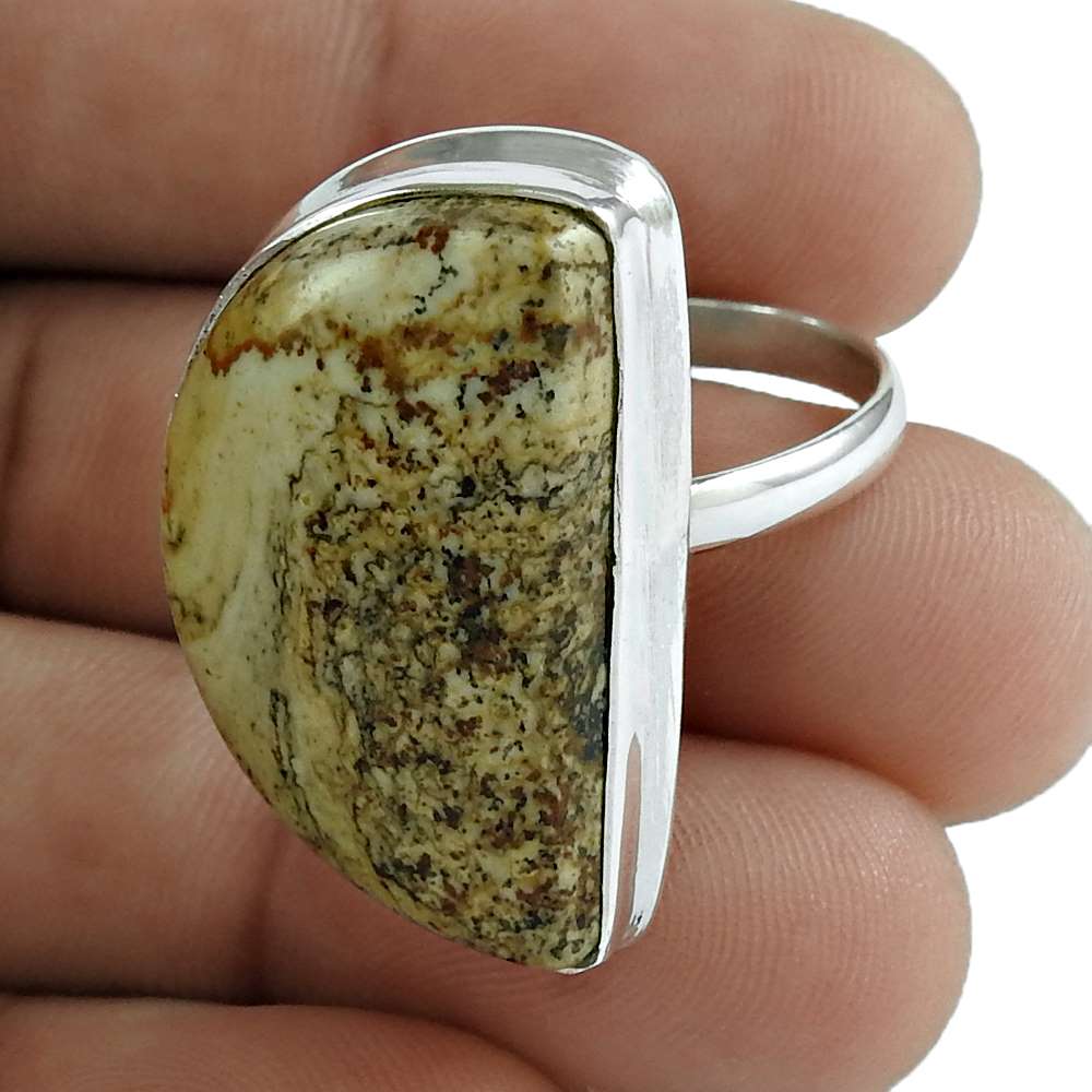 Woman Gift Natural Picture Jasper Gemstone Ring Size 10.5 925 Silver C13