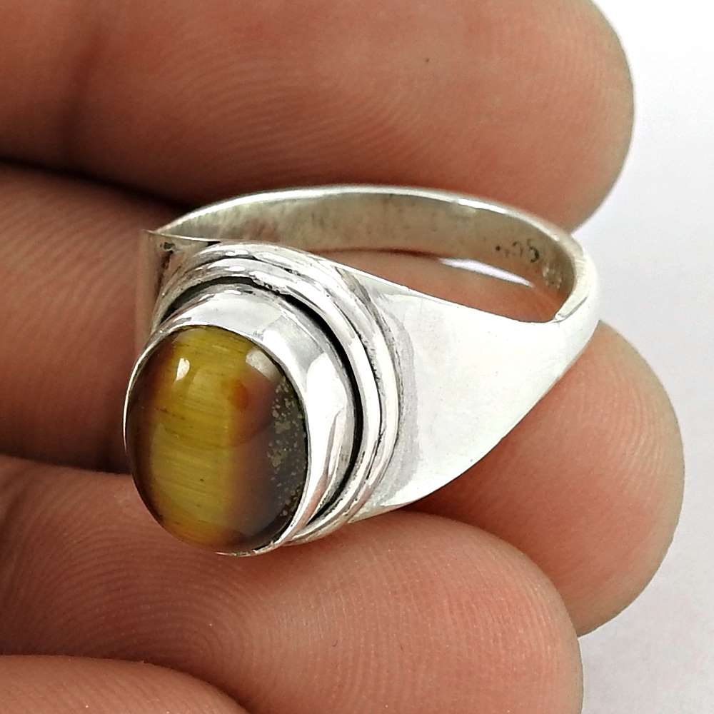 Gift For Her Natural Tiger'S Eye Solitaire Tribal Ring Size 7 925 Silver O6