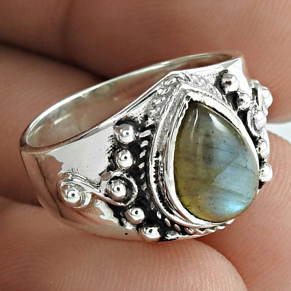 Lustrous 925 Sterling Silver Labradorite Gemstone Ring Ethnic Jewelry Wholesale Price