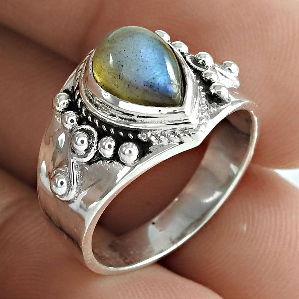 Lustrous 925 Sterling Silver Labradorite Gemstone Ring Ethnic Jewelry Wholesale Price