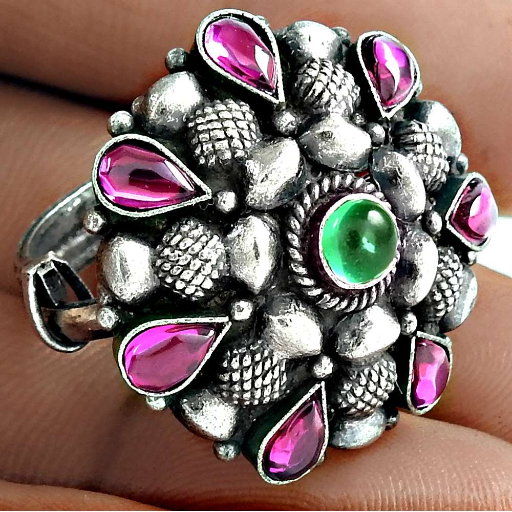 Party Wear Ring 925 Sterling Silver Ruby Green Onyx Gemstone Ethnic Jewelry
