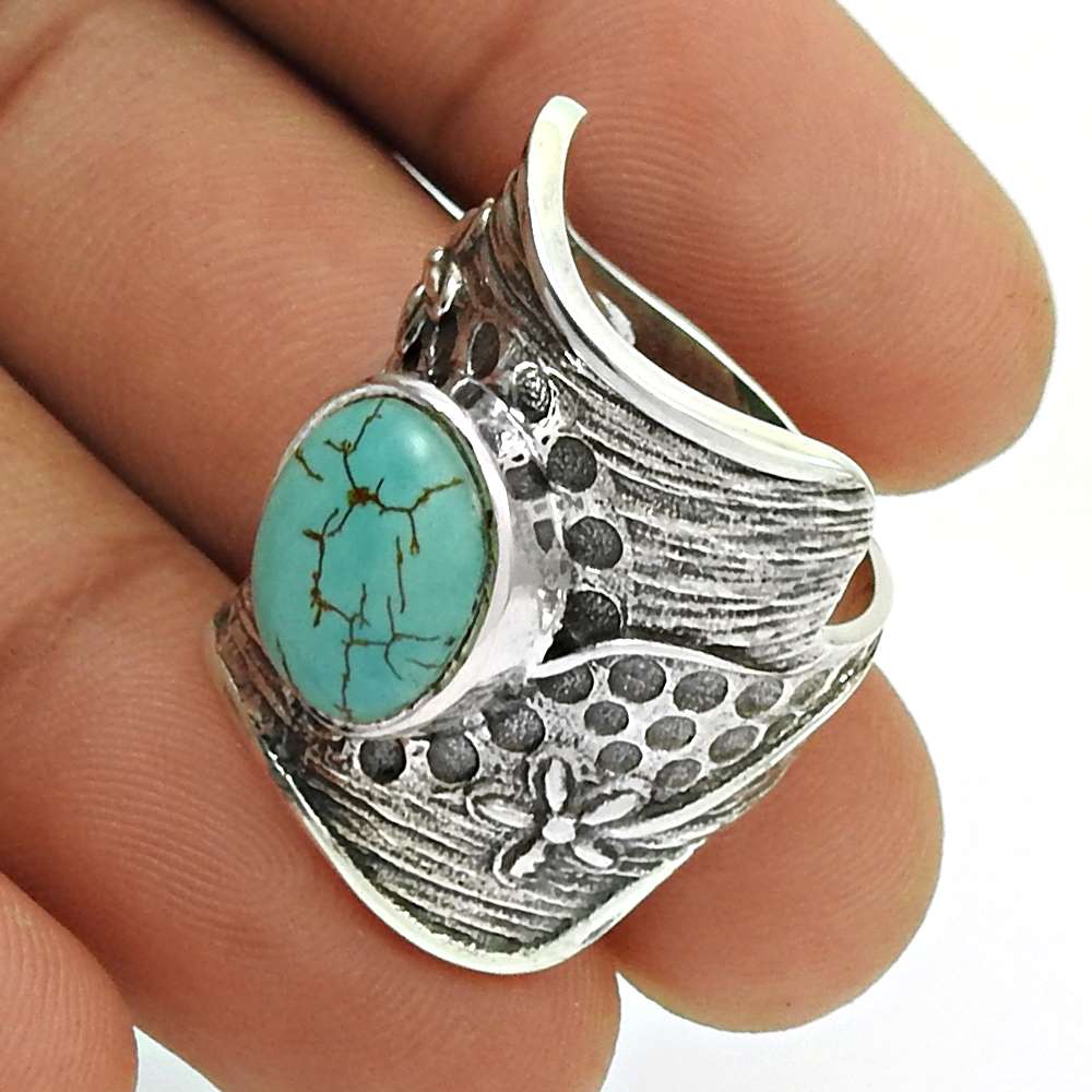 Natural Turquoise Gemstone Ring Size 8 925 Silver HANDMADE Fine Jewelry M12