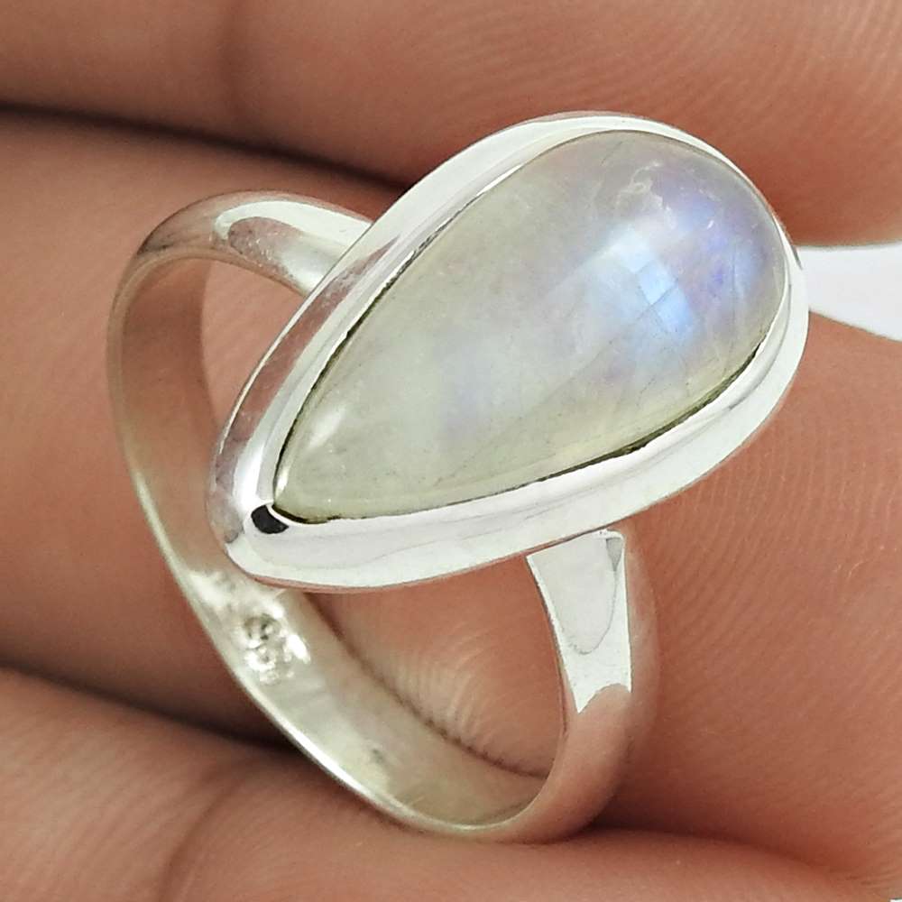 Natural RAINBOW MOONSTONE HANDMADE 925 Solid Sterling Silver Ring Size 7 KK66