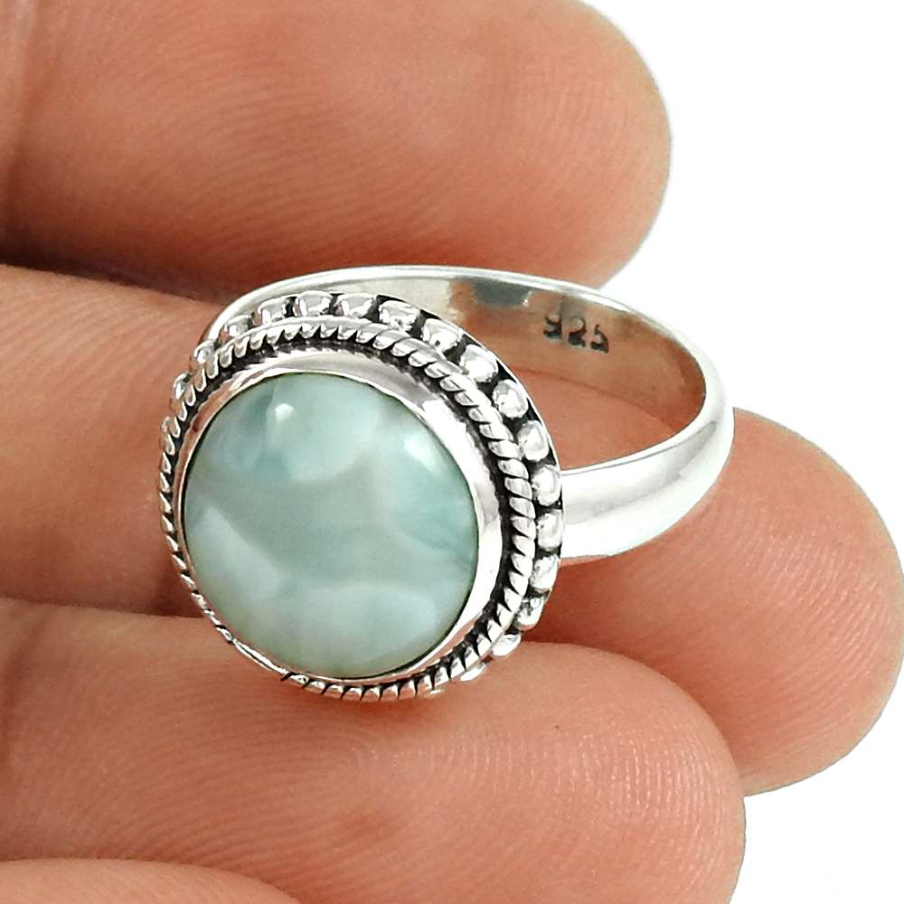 Larimar Gemstone Ring 925 Sterling Silver Women Gift Jewelry PH58