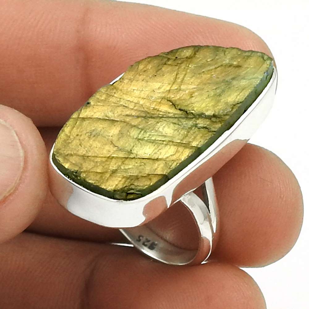 Natural LABRADORITE Rough Stone Ring Size 7.5 925 Silver HANDMADE Fine MQ24