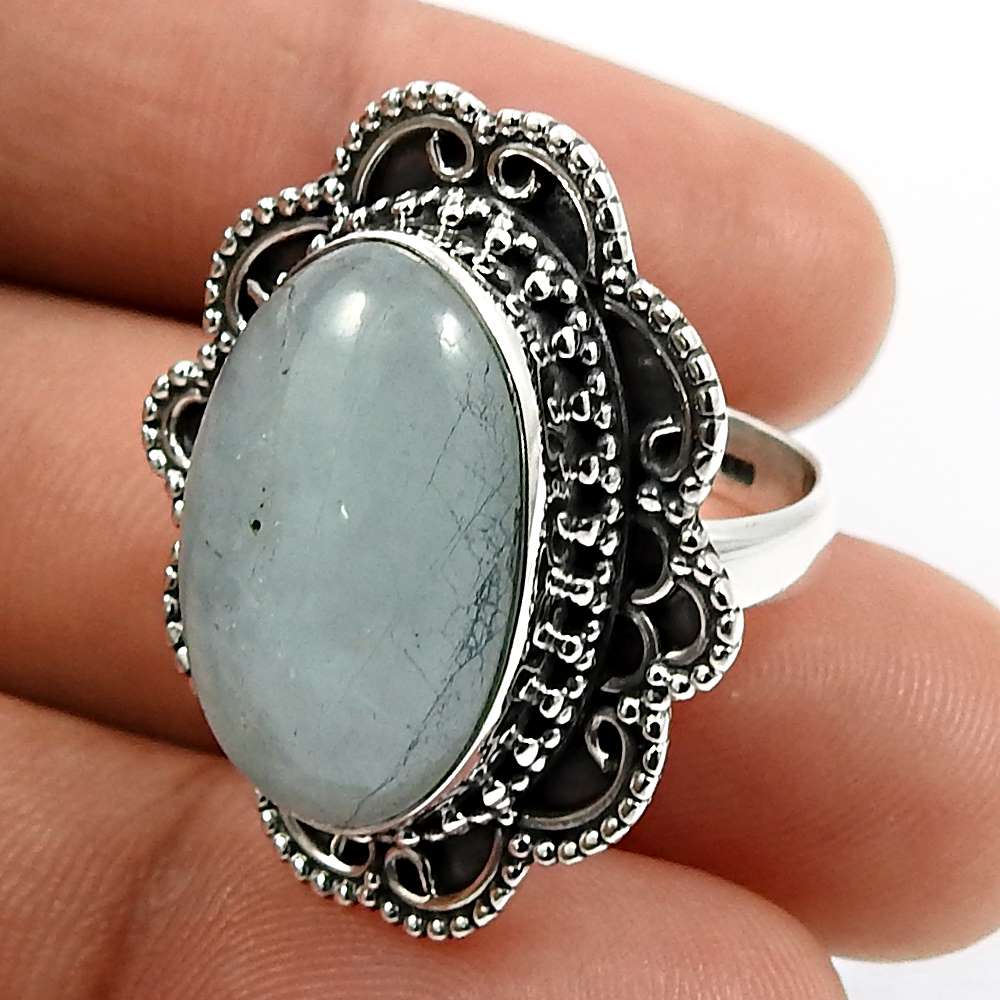 Oval Shape Aquamarine Gemstone Ring Size 6.5 925 Sterling Silver Jewelry B23