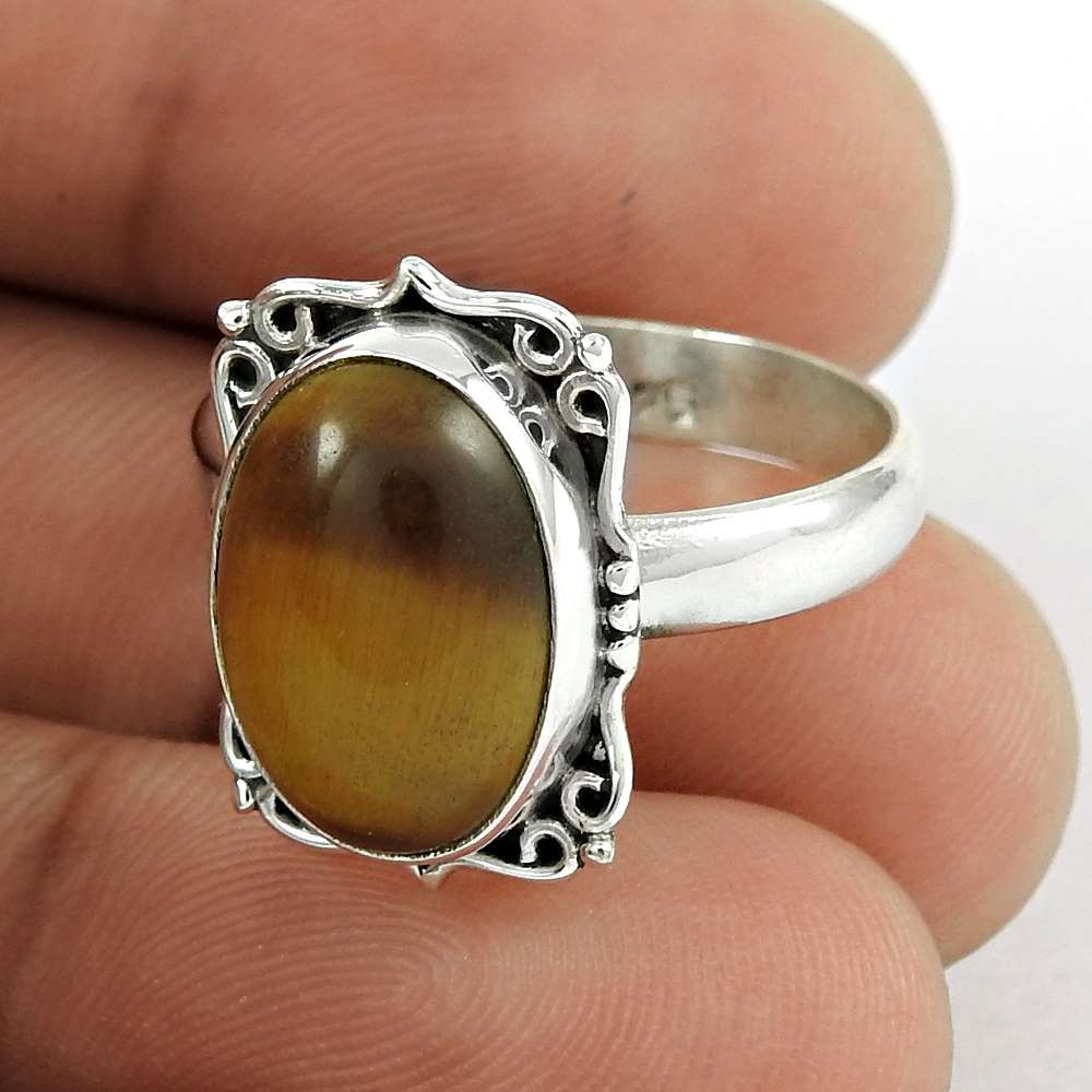 Natural Tiger'S Eye 925 Silver Statement Ethnic Ring Size 8.5 For Girls H7