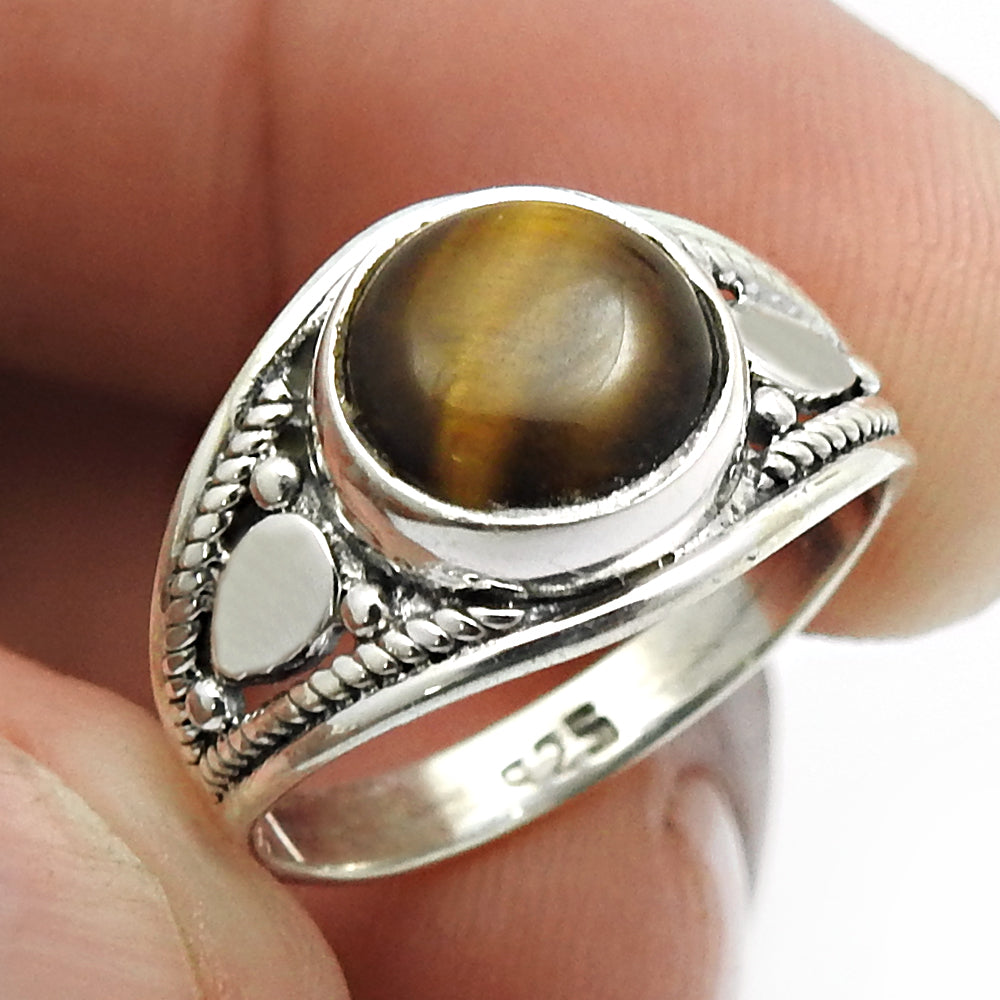 Tiger Eye Gemstone Ethnic Ring Handmade Jewelry 925 Sterling Silver D40