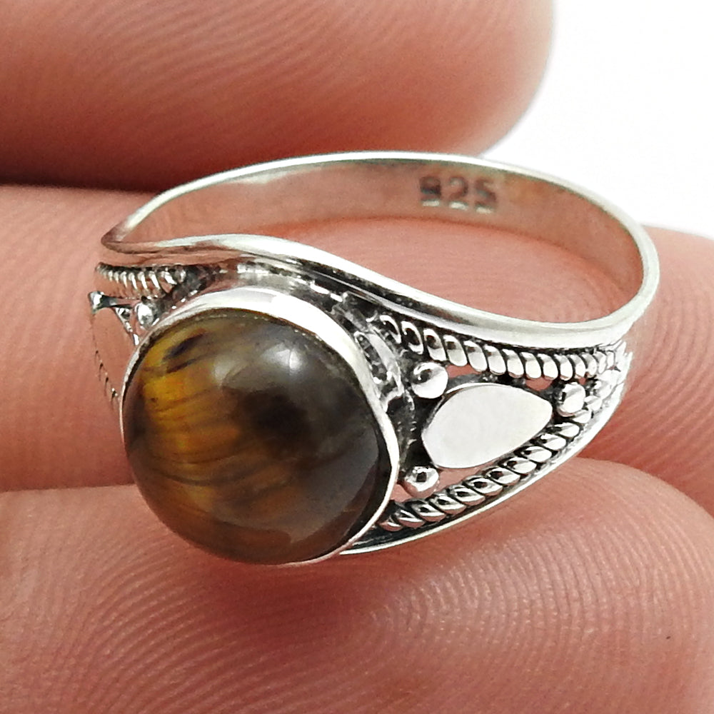 Tiger Eye Gemstone Ethnic Ring Handmade Jewelry 925 Sterling Silver D40
