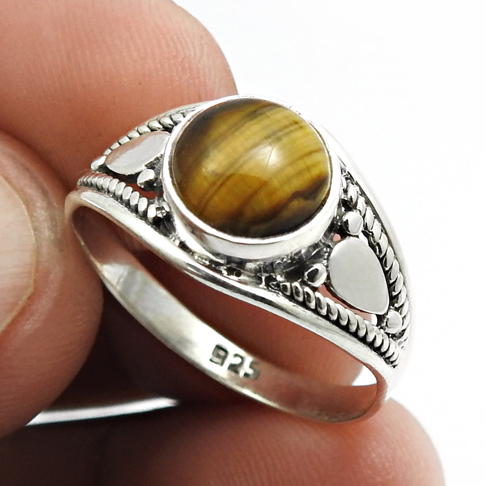 Tiger Eye Gemstone Ethnic Ring Handmade Jewelry 925 Sterling Silver D40