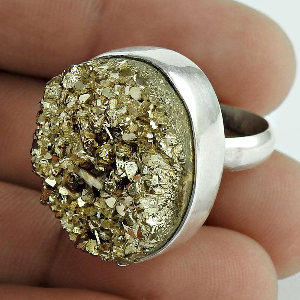 Woman Gift Natural Druzy Gemstone Gold Ring Size 6 925 Sterling Silver G18
