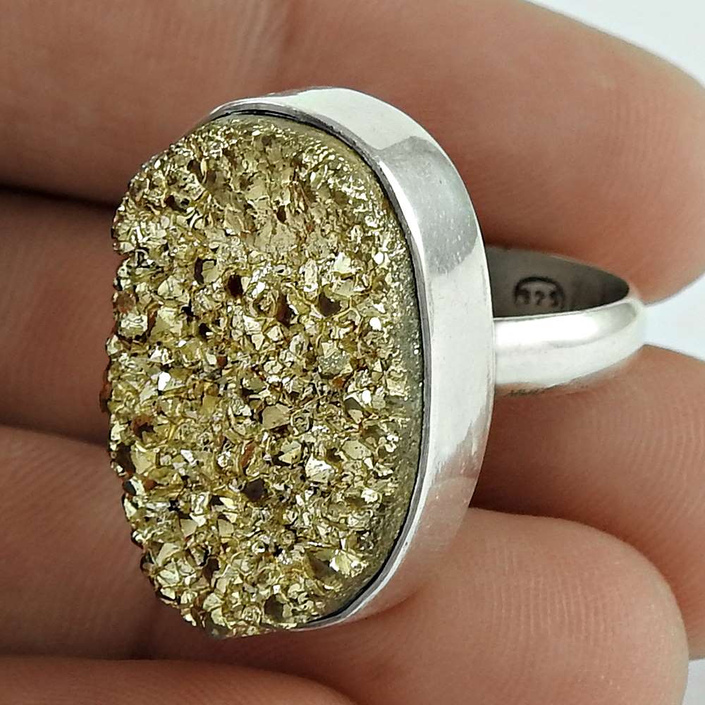 Woman Gift 925 Sterling Silver Natural Druzy Solitaire Ring Size 6.5 H18