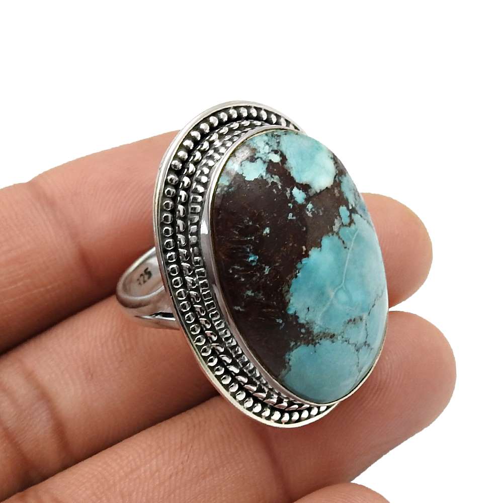 Natural Turquoise Gemstone Cocktail Ethnic Ring Size 9 925 Silver For Women M7