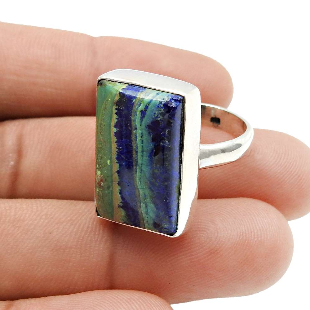 Natural Azurite Malachite Gemstone 925 Silver Cocktail Ring Size 7 For Girls G37