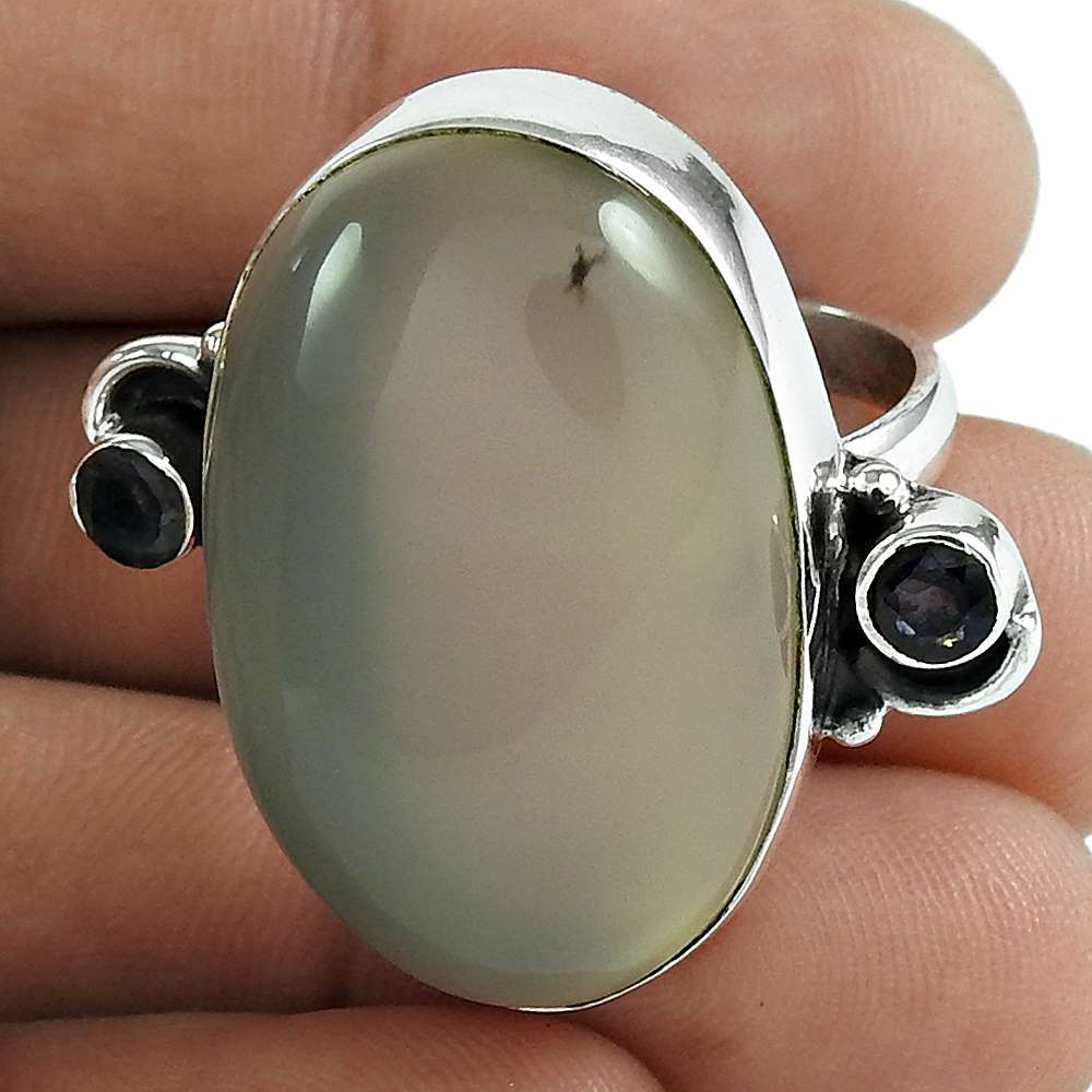 Natural Chalcedony Gemstone Cocktail Ethnic Ivory Ring Size 8 925 Silver H8