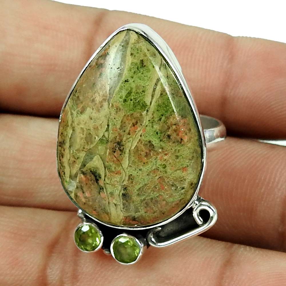 Natural Unakite Gemstone Cocktail Vintage Ring Size 9 925 Sterling Silver M8