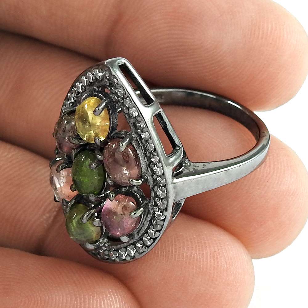 Luxurious Design 925 Sterling Silver Tourmaline Gemstone & CZ Ring