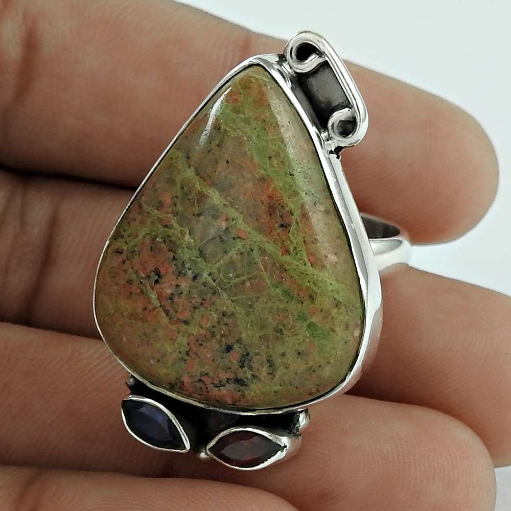 Woman Gift Natural Unakite Gemstone 925 Sterling Silver Ring Size 8 K23