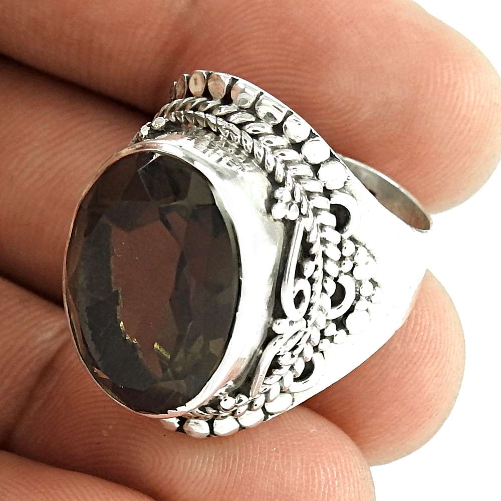 Woman Gift Natural Smoky Quartz Gemstone 925 Silver Statement Ring Size 7 B2