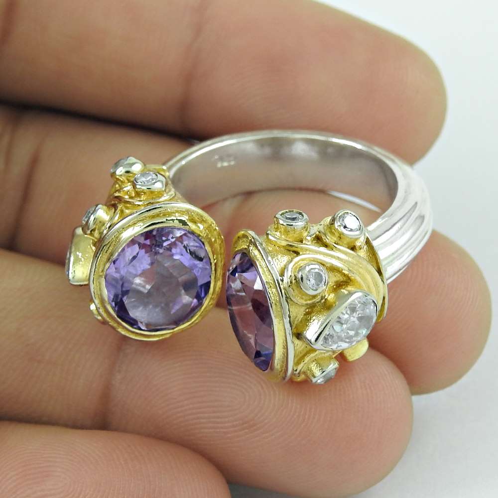 Fashion Design CZ & Amethyst Gemstone 925 Sterling Silver Ring