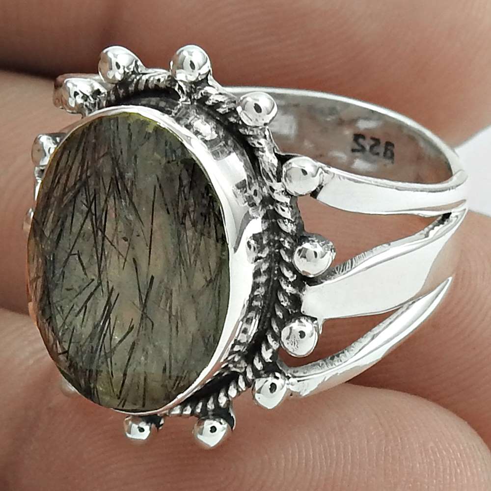 Christmas Gift 925 Sterling Silver Natural Rutile Solitaire Ring Size 8 C25