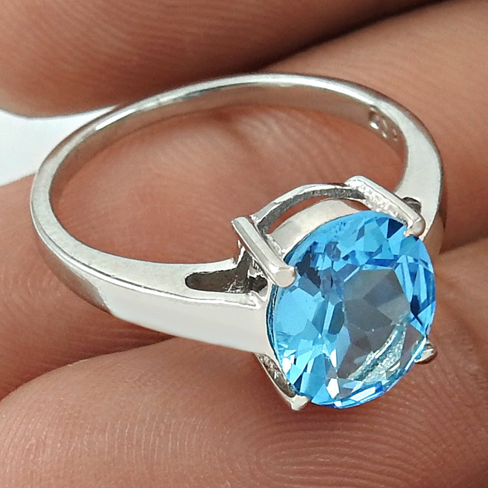 Daily Wear Rhodium Plated 925 Sterling Silver Blue Topaz Gemstone Ring Size 6.5 Traditional Jewelry K33