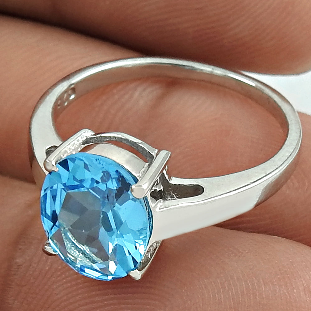 Daily Wear Rhodium Plated 925 Sterling Silver Blue Topaz Gemstone Ring Size 6.5 Traditional Jewelry K33