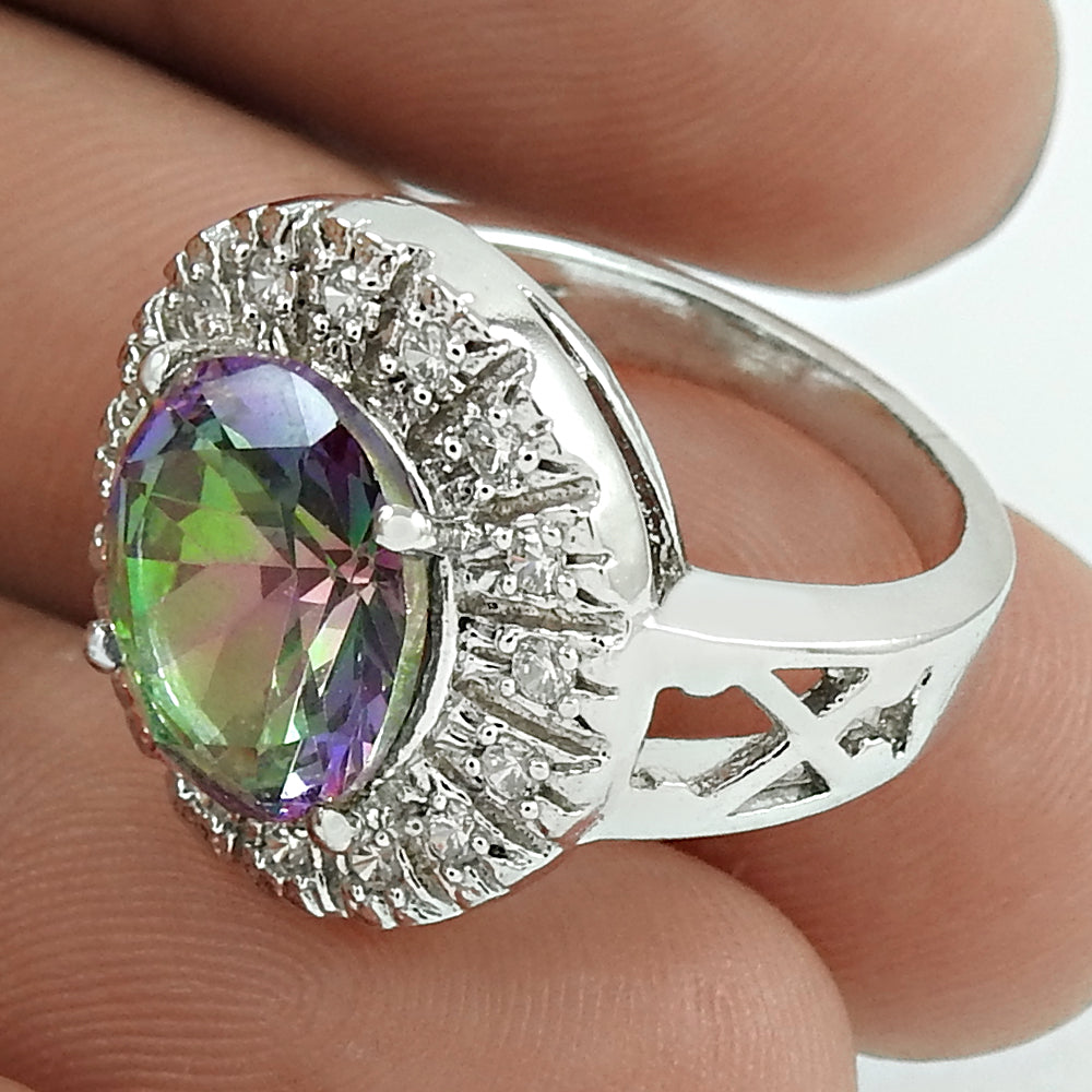 Lustrous Rhodium Plated 925 Sterling Silver Citrine, White C.Z Gemstone Ring Size 6.5 Handmade Jewelry K47