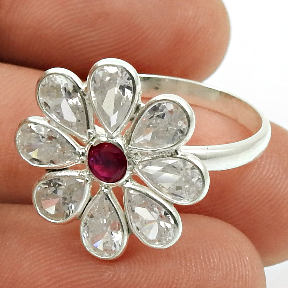 Ruby CZ White CZ Pink CZ Gemstone Flower Ring 925 Sterling Silver Handmade Jewelry I69