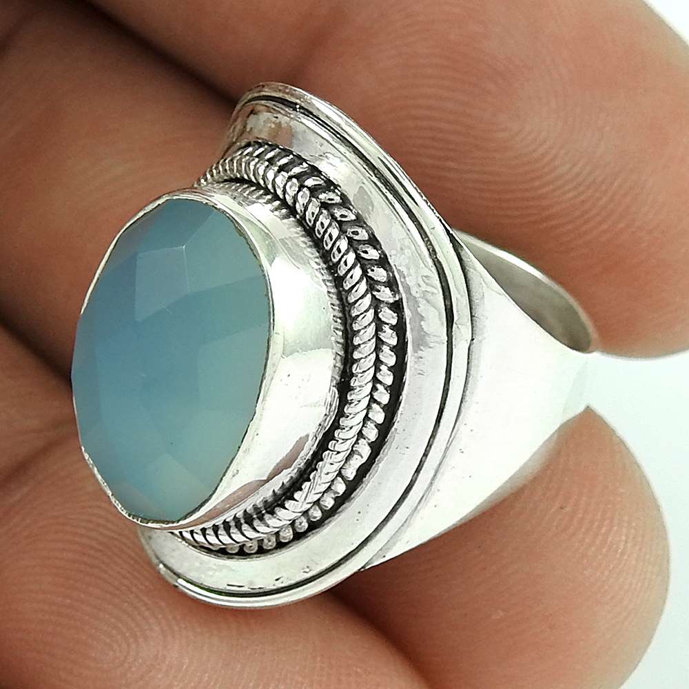 Woman Gift 925 Silver Natural Chalcedony Solitaire Boho Ring Size 6 G31