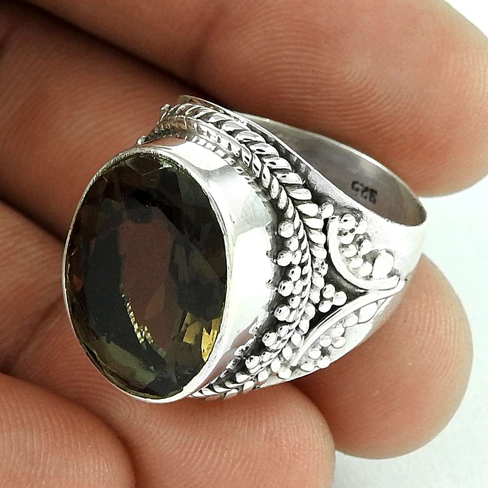 Woman Gift Solitaire Boho Ring Size 8 925 Silver Natural Smoky Quartz H12