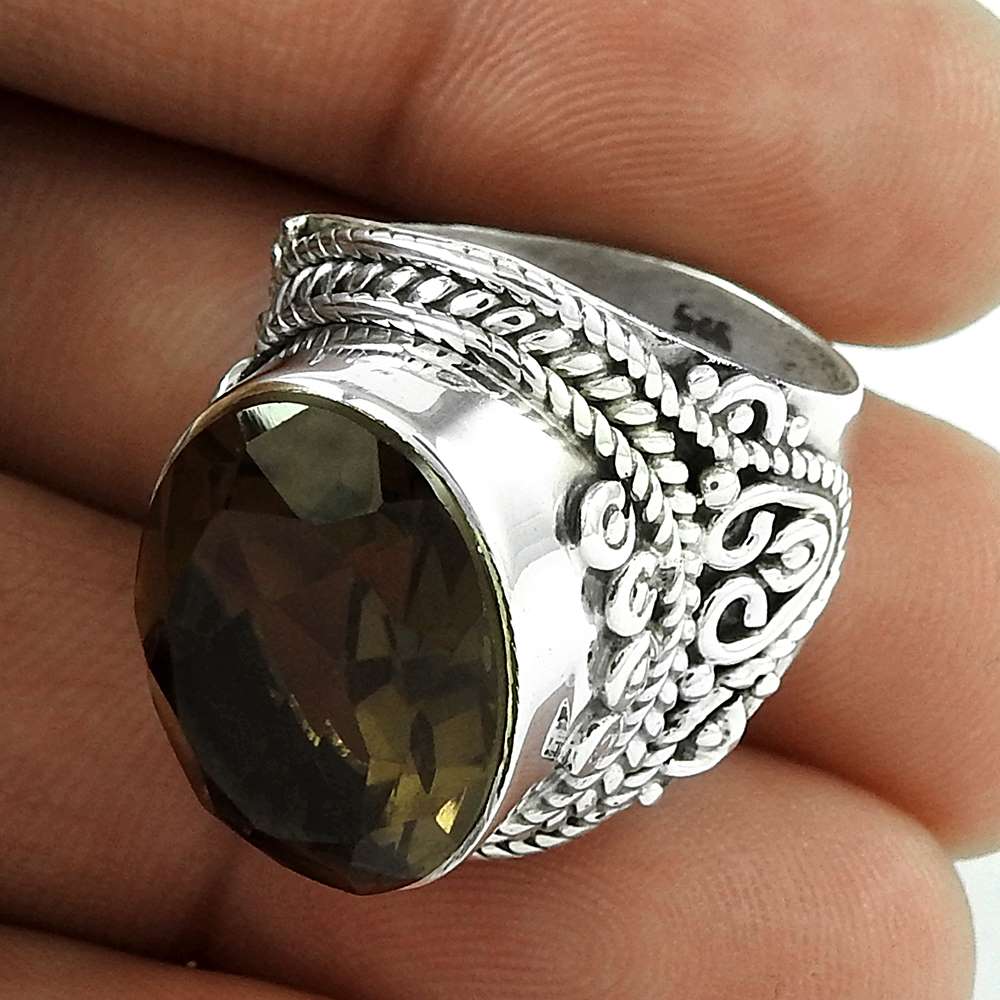 Natural Smoky Quartz Statement Bohemian Ring Size 7.5 925 Silver For Women J12