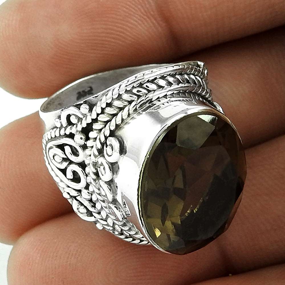 Natural Smoky Quartz 925 Silver Cocktail Tribal Ring Size 7.5 For Girls K12