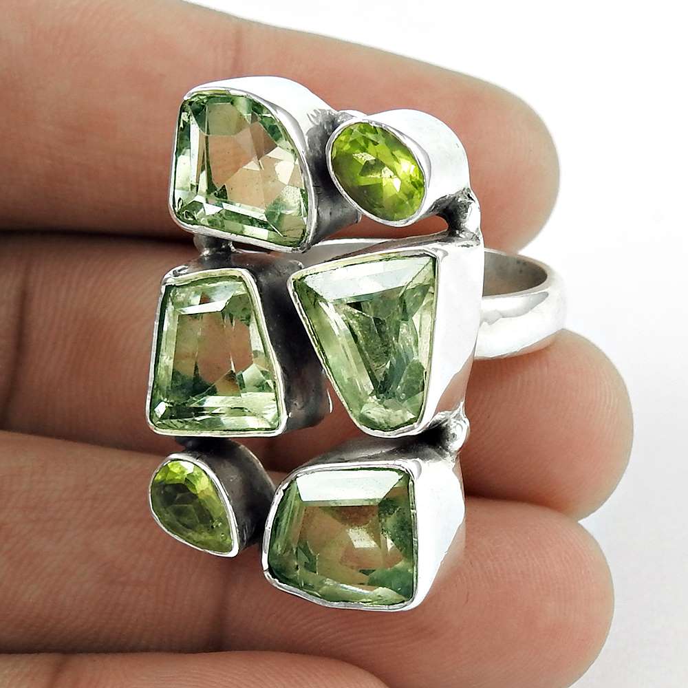 Woman Gift 925 Silver Natural Green Amethyst Statement Boho Ring Size 8 V14