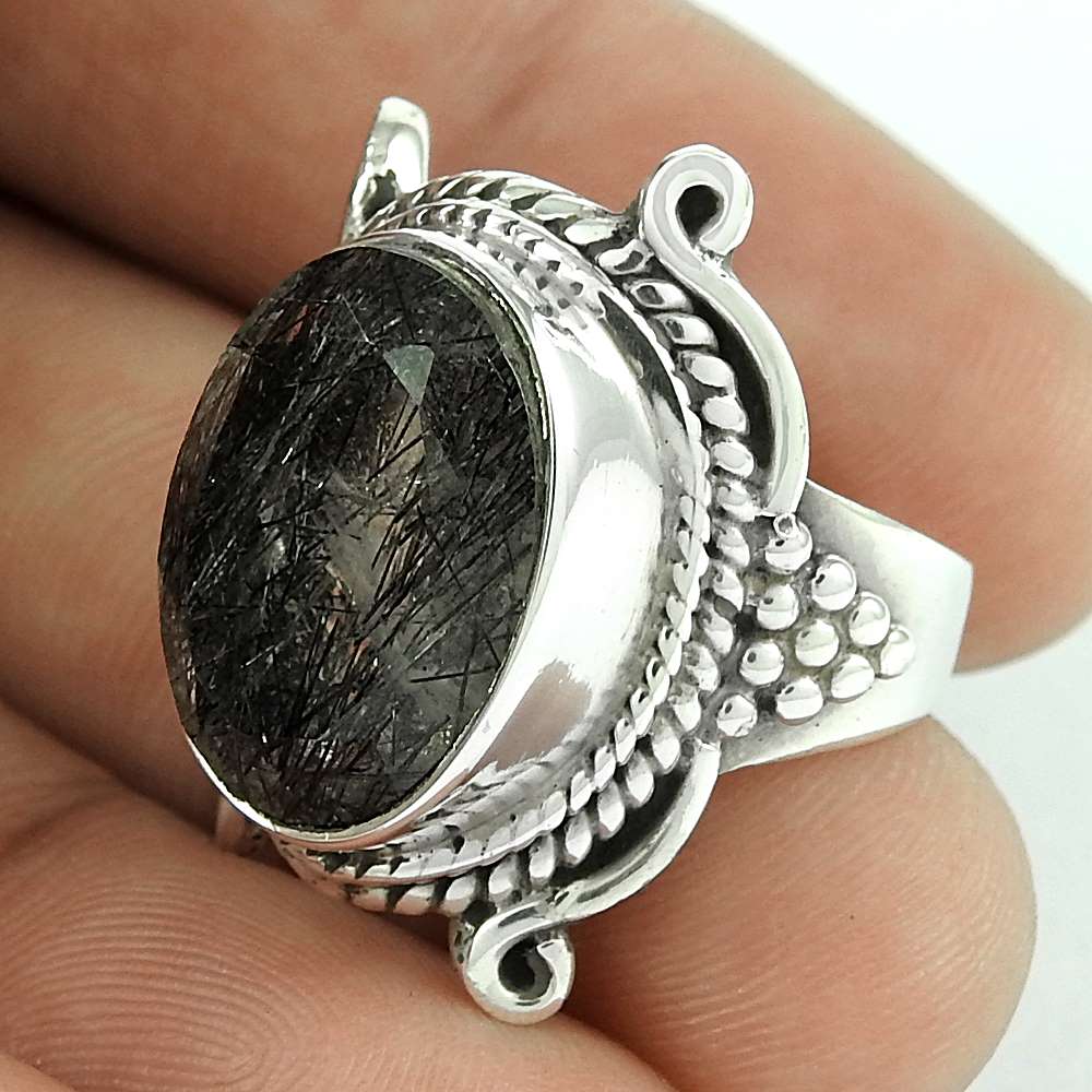Woman Gift 925 Silver Natural Rutilated Quartz Statement Ring Size 6.5 Z31