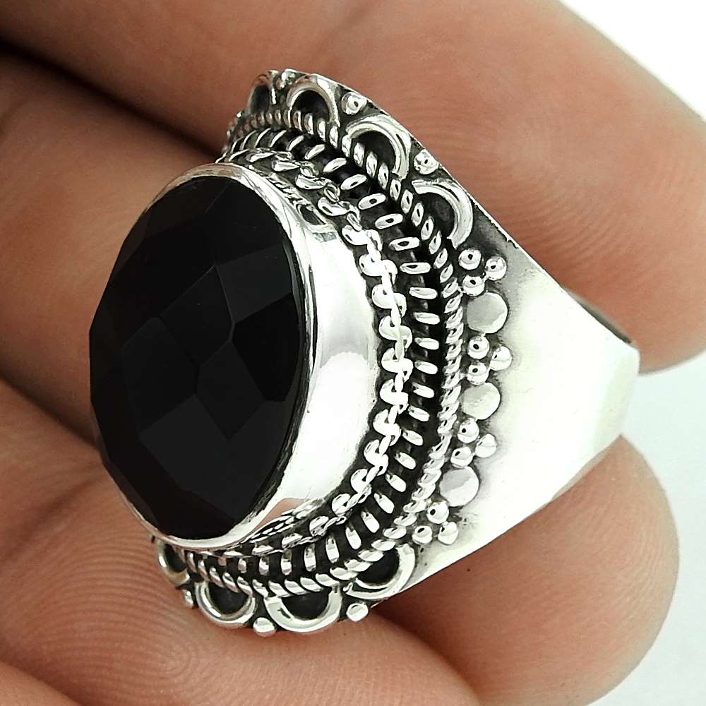 Natural Onyx Gemstone 925 Silver Solitaire Boho Ring Size 8.5 For Girls C32