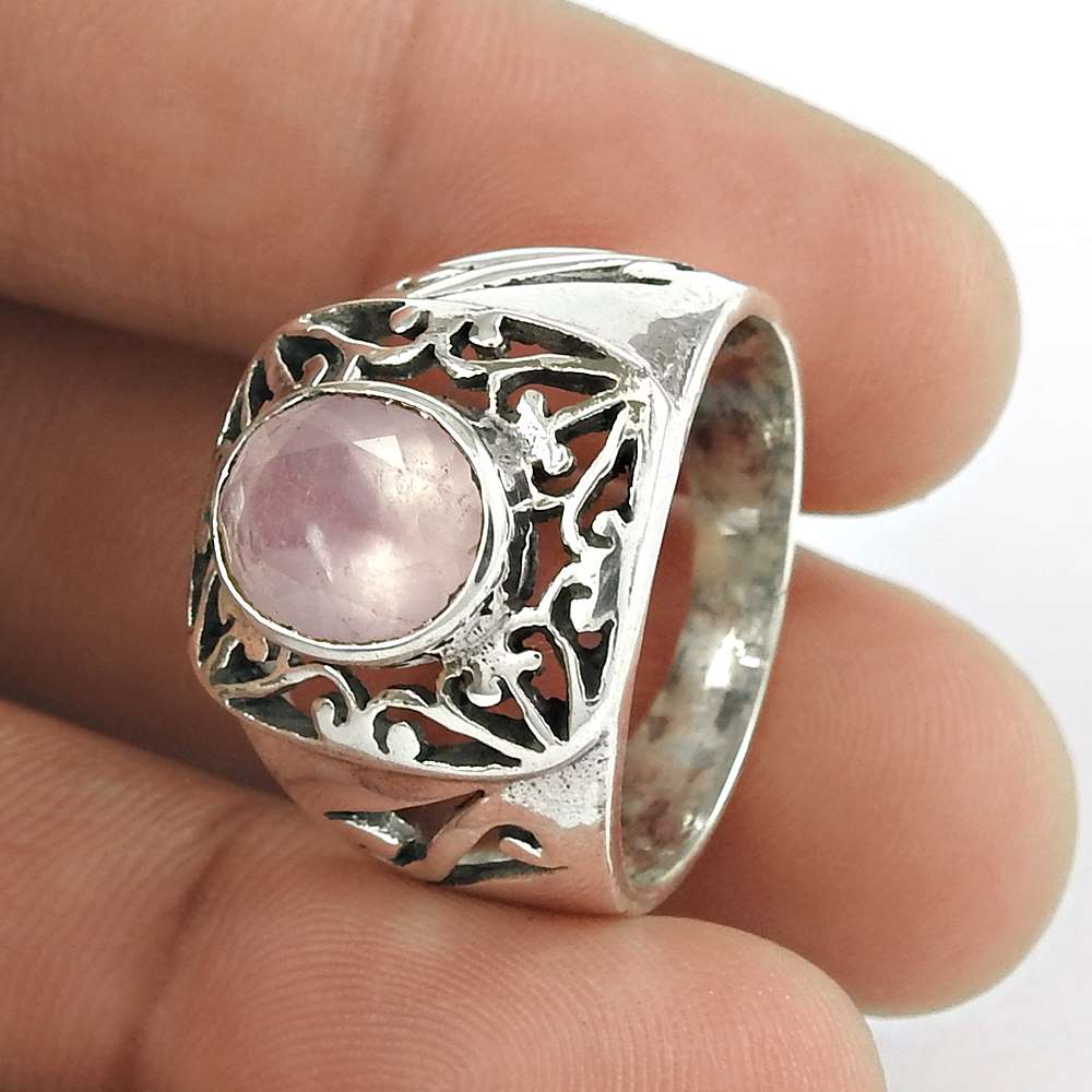 Natural Rose Quartz Gemstone Cocktail Boho Ring Size 9 925 Silver For Women X32