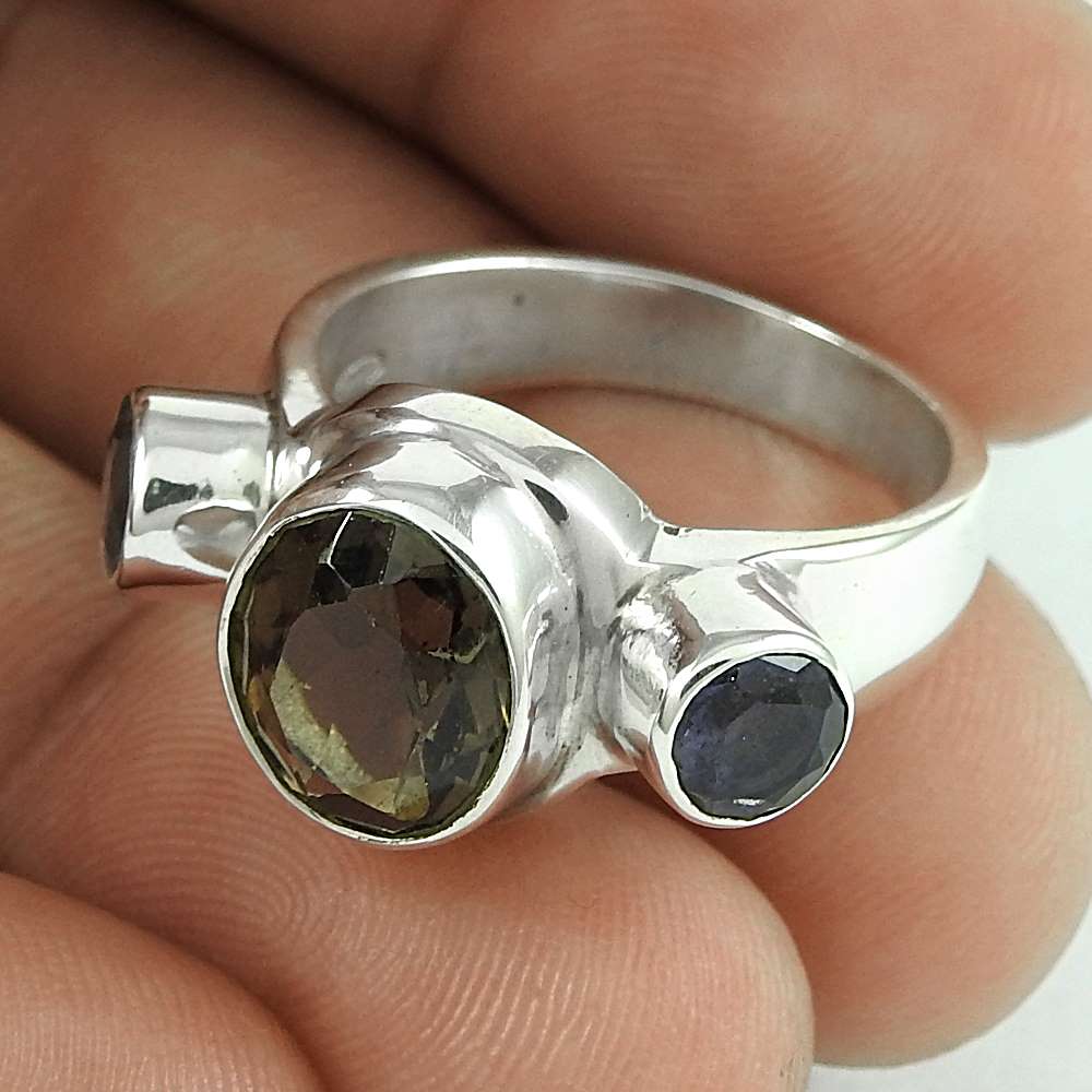 Woman Gift Natural Smoky Quartz Gemstone Ring Size 7.5 925 Silver E36