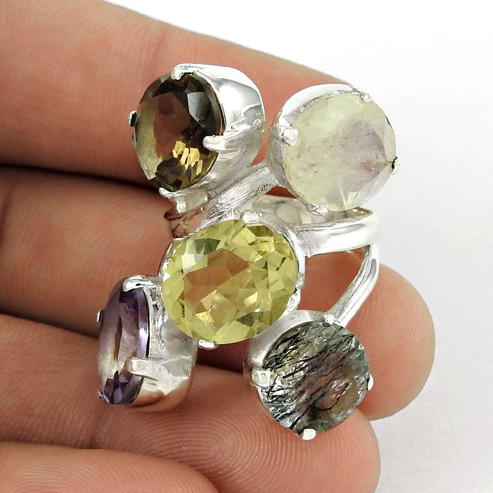 Woman Gift 925 Silver Natural Rutile Gemstone Statement Ring Size 6 I16