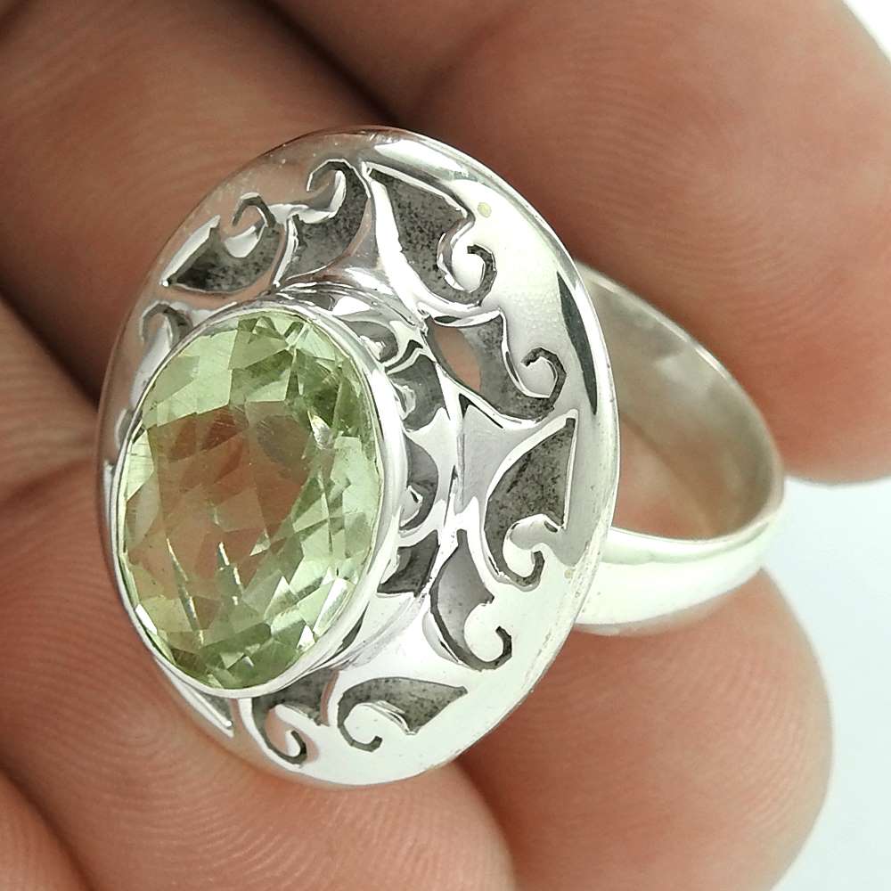 Woman Gift Natural Green Amethyst Solitaire Ring Size 7.5 925 Silver D33