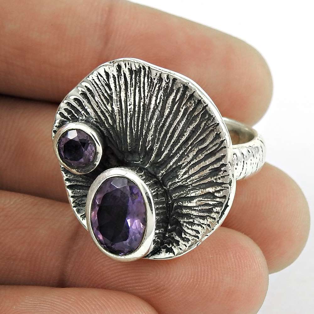 Natural Amethyst Gemstone 925 Silver Statement Woman Gift Ring Size 6 K16