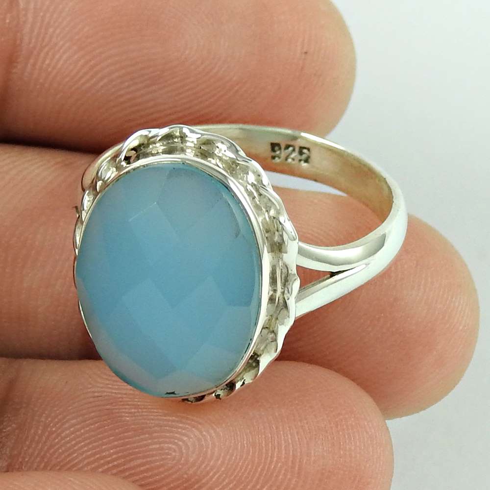 Woman Gift Statement Vintage Ring Size 9.5 925 Silver Natural Chalcedony J60