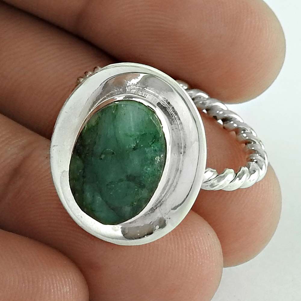 Woman Gift 925 Silver Natural Emerald Statement Ethnic Ring Size 8.5 D61